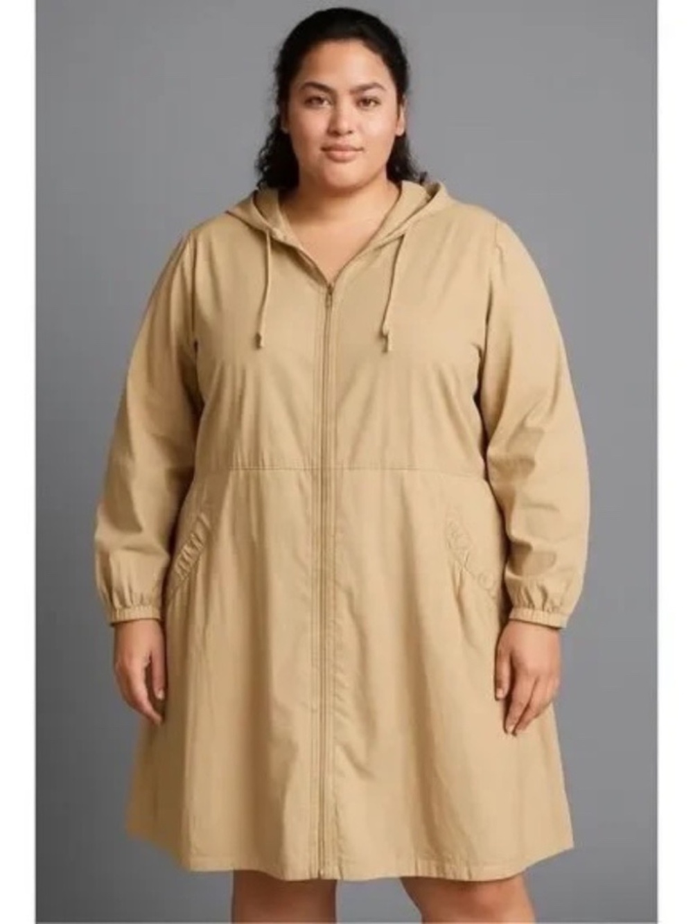 Women's Plus 5XL Eilly Bazar Tan Beige Zip Up Trench Coat W/Hood Pockets NWOT